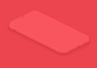 Soft isometric red vector smartphone. 3d realistic empty screen phone template for inserting any UI interface, advertisment, test presentation. Floating soft mock up design perspective view.