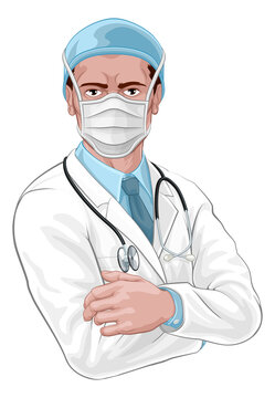 A doctor medical healthcare professional character with arms folded and serious but caring look. Wearing PPE protective face mask.