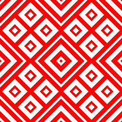 Red repeated stylized rhombuses on white background. Diamonds wallpaper. Seamless surface pattern design with symmetrical quadrangles ornament. Geometrical motif. Digital paper for print. Vector art