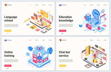Obraz na płótnie Canvas Isometric online education technology vector illustration. Creative concept banner set, interface website design with cartoon 3d modern distance educational services for training and staff development