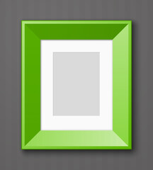 Horizontal Photo frame with paper passepartout for picture hanging on wall with striped wallpaper background.