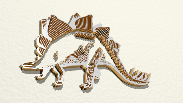 dinosaur on the wall. 3D illustration of metallic sculpture over a white background with mild texture