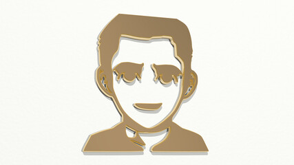 BOY PORTRAIT made by 3D illustration of a shiny metallic sculpture on a wall with light background