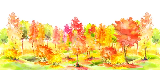 Selbstklebende Fototapeten Gelb  watercolor pattern. Autumn landscape, forest, park. Silhouettes of trees and bushes. Linear curb. Mixed forest - oak, ash, maple, birch.  Manual graphics. Handmade drawing. Art banner, background.   © helgafo