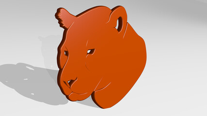 head of big cat from a perspective on the wall. A thick sculpture made of metallic materials of 3D rendering