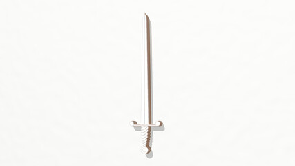  on the wall. 3D illustration of metallic sculpture over a white background with mild texture