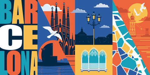 Spain, Catalonia vector skyline illustration, postcard. Travel to Barcelona design element © kora_ra_123