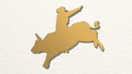cowboy on bull from a perspective on the wall. A thick sculpture made of metallic materials of 3D rendering