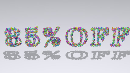 % off written in 3D illustration by colorful small objects casting shadow on a white background