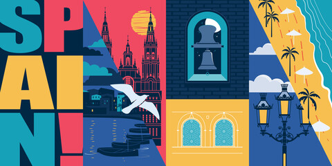 Spain vector skyline illustration, postcard. Travel concept in modern flat graphic design element - obrazy, fototapety, plakaty