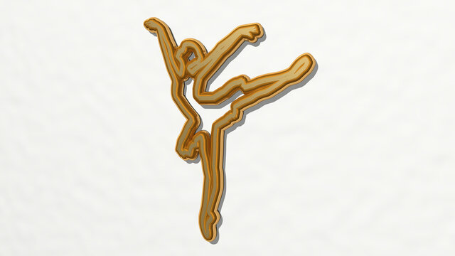 BALLERINA SYMBOL from a perspective on the wall. A thick sculpture made of metallic materials of 3D rendering