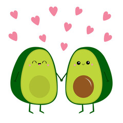Happy Valentines day. Avocado family. Mother, father holding hands. Pink heart set. Cute cartoon kawaii funny character set. Love greeting card. Healthy food. Flat design. White background.