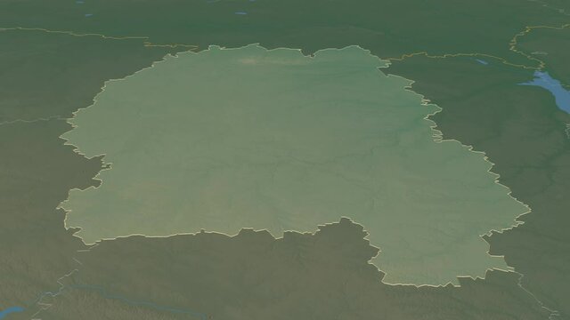 Zhytomyr, region with its capital, zoomed and extruded on the relief map of Ukraine in the conformal Stereographic projection. Animation 3D