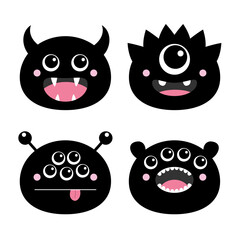 Happy Halloween. Monster head face black silhouette set. Funny baby collection. Eyes, horns, fang tooth, tongue. Cute cartoon kawaii sad character icon. Isolated. White background. Flat design.