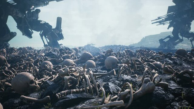 Military robots are walking on a battlefield covered with human skulls and bones. The concept of the future Apocalypse. Looping animation for military, futuristic or fantasy backgrounds.