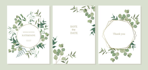 Set of floral card with eucalyptus leaves. Greenery frame. Rustic style. For wedding, birthday, party, save the date. Vector illustration. Watercolor style - obrazy, fototapety, plakaty