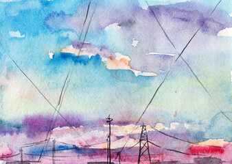 Watercolor illustration with a picturesque city sunset, pink clouds, electric wires