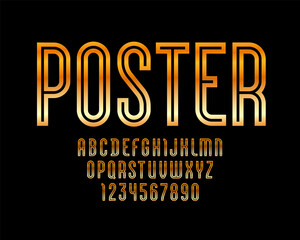 High steel font of golden style, trendy glossy alphabet, Latin letters from A to Z and Arab numbers from 0 to 9 for you designs, vector illustration 10EPS