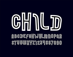 White font with black line, modern children alphabet, trendy Latin letters from A to Z and Arab numbers from 0 to 9, vector illustration 10EPS
