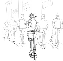 Young group of happy men riding on electric scooter in the city. Line art