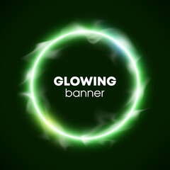 Vector circle banner. Flyer round design template with glowing neon tube circle around background. Flash effect