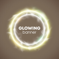 Vector circle banner. Flyer round design template with glowing neon tube circle around background. Flash effect