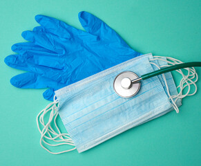 blue latex gloves and disposable masks on a green background