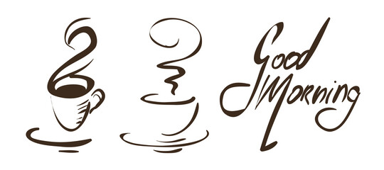 Two stylized coffee cups and hand-drawn inscription Good Morning. Doodle, minimalism. Isolated.