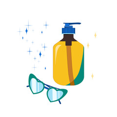 Sunscreen gel or tanning oil and sunglasses. Summer cartoon flat isolated vector illustration of UV cosmetics for protecting the skin. Prevention of aging and skin cancer.  Stars and glare elements