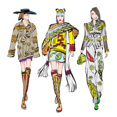 Beautiful young women in modern style.. Hand drawn stylish woman portrait. Fashion lady. Festive outfit. Sketch. Fashion model posing in dress. Hand drawn fashion woman.