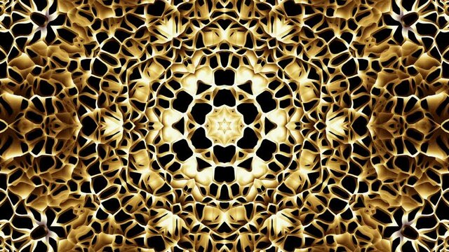 Transforming round gold mandala pattern. Seamless loop footage. Emboss geometric lattice mandala in arabic style. Islamic geometric arabesque pattern.