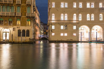 Venice Veneto Italy on January 19, 2019: Twilight at Grand Canal. Rialto bridge.