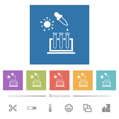 Covid research flat white icons in square backgrounds