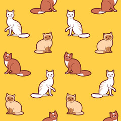 Simple seamless trendy animal pattern with different breeds of cats. Cartoon illustration.