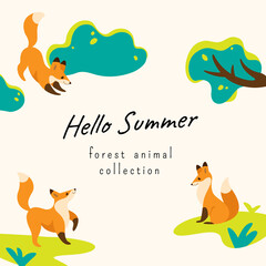 Cartoon animals banner with fox. Vector illustration in colorful style.