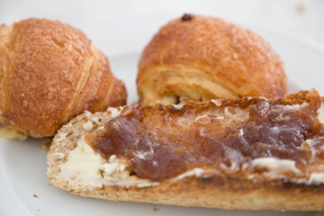 Breakfast with French toast and croissants