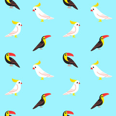 Simple trendy pattern with bird toucan and cockatoo on blue background. Cartoon bird character. © Lili Kudrili
