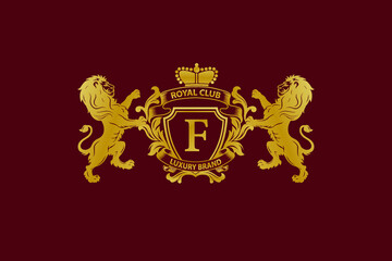 Lion Logo with F Letter in Royal Shield Vector Logo 
