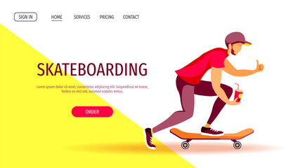 Fototapeta na wymiar Web page design for Skateboarding, Sport, Youth, Summer, Active lifestyle, Leisure. Young man on skateboard with cup. Vector illustration for poster, banner, website.