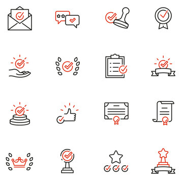 Vector Set of Linear Icons Related to Approvement, Accreditation, Quality Check and Affirmation. Mono Line Pictograms and Infographics Design Elements - part 2