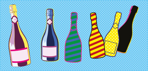 Set with colourful wine and champagne bottles in Pop Art style with different ornaments. Vector illustration for print or poster