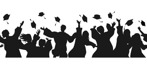 Seamless border with graduate students in graduation clothing jumping and throwing the mortarboard high into the air. Flat vector illustration pattern isolated on white - obrazy, fototapety, plakaty
