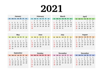 Calendar for 2021 isolated on a white background