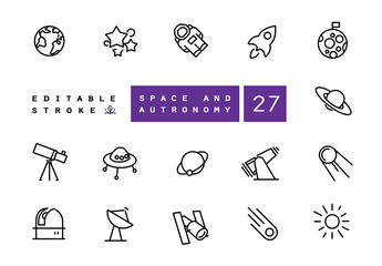 Space and stars vector linear icons set. Astronomy and space outline symbols pack. Collection of simple cosmos object icons isolated contour illustrations. Earth. Moon. Telescope. Sputnik. Sun. Stars