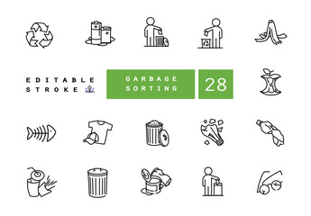 Environmental pollution vector linear icons set. Elements garbage outline symbols pack. Collection of simple sorting of waste icons isolated contour illustrations. Trash can. Banana peel. Recyclables