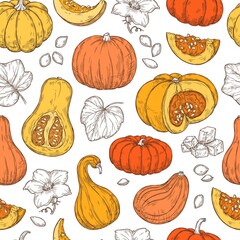 Color sketch pattern with pumpkins. Seamless autumnal pattern in retro style.