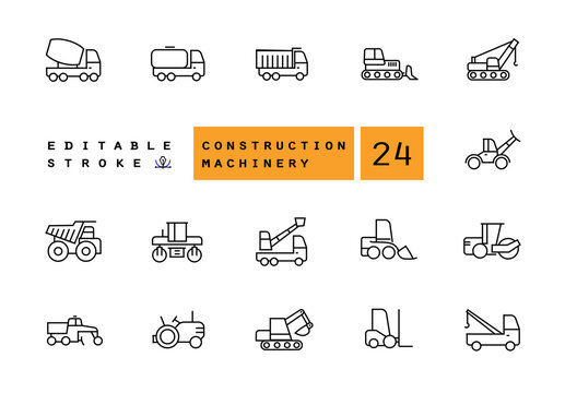 Construction machinery linear contour illustrations icons set. Heavy duty machines outline symbols pack. Collection of road repair equipment icons isolated. Vehicle. Auto cement truck. Editable stroke