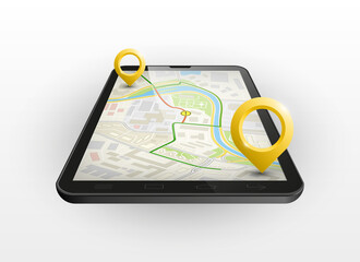 City map route delivery navigation smartphone, phone point marker, drawing schema, simple city plan GPS navigation tablet, itinerary destination arrow paper city map Route delivery check point graphic