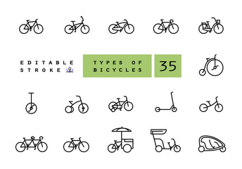 Bicycle types vector linear icons set. Outline symbols pack with editable stroke. Collection of simple 16 bicycle types icons isolated contour illustrations. bmx, touring, dirt, female bike.