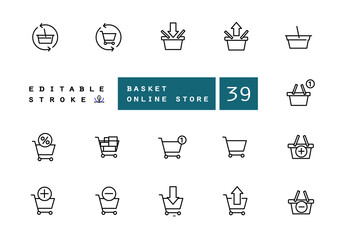 Baskets for online store vector linear icons set. Cart outline symbols pack. Collection of shopping baskets isolated contour illustrations. Empty basket. Add to cart. Shopping basket. E-commerce